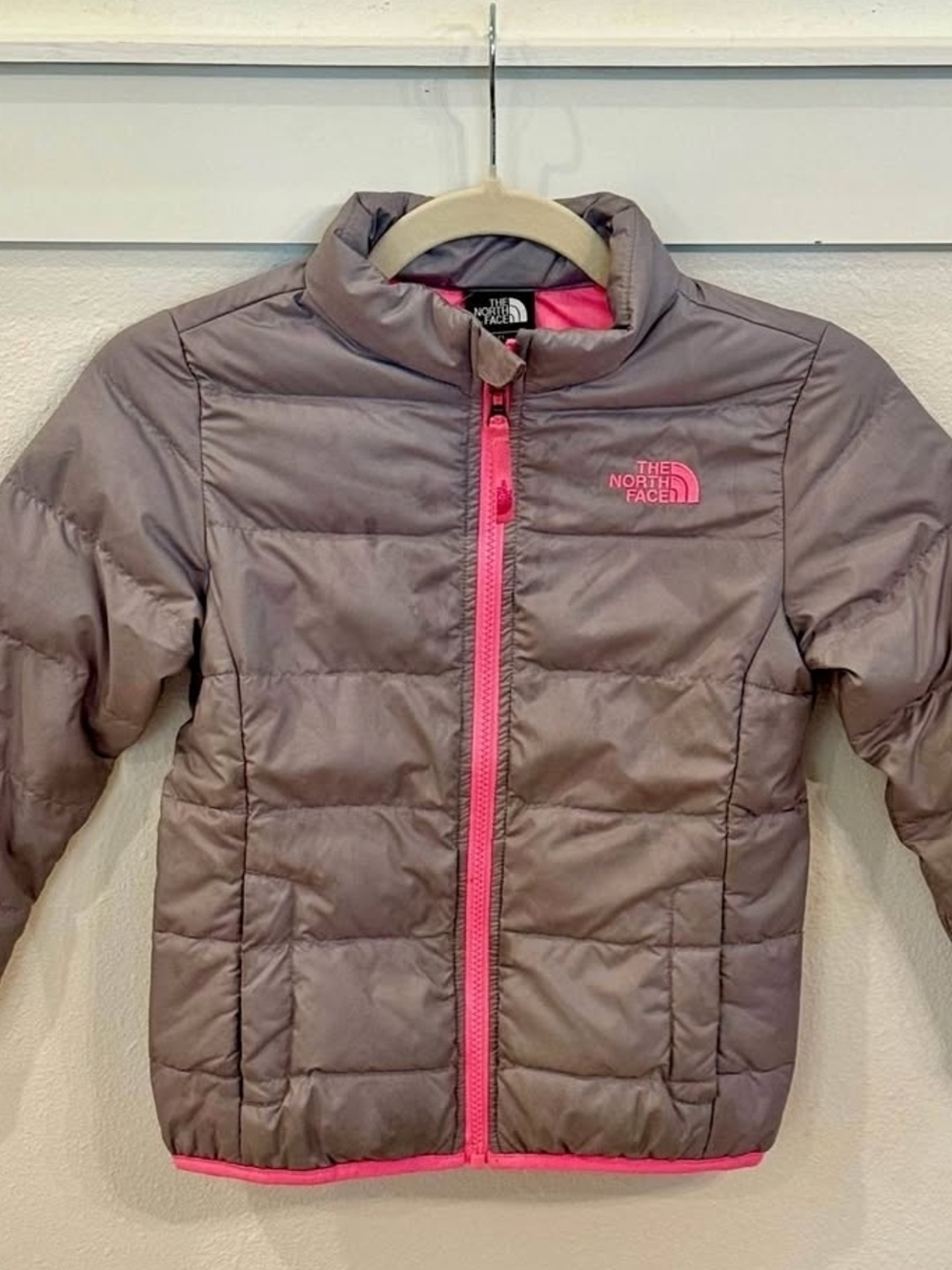 The North Face Taupe Puffer Jacket with Pink Accents